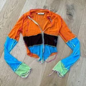 Miss 8 Y2K Sheer Mesh Distressed Color Block Long Sleeve Top in Orange Multi
